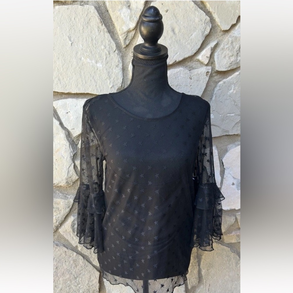 Almost Famous Top S M Black Mesh w/Cami Embroidered Stars‎ Layered Bell Slv NEW